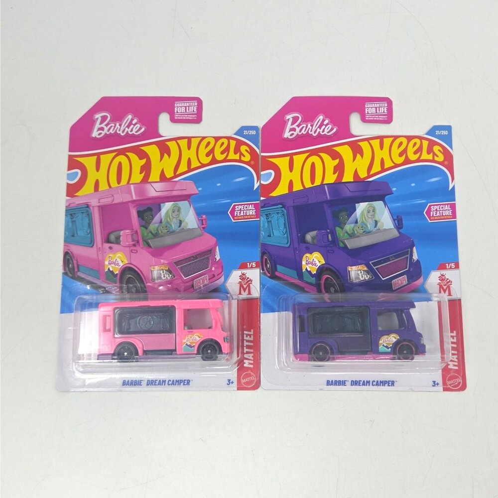Hot Wheels Lot 2 Barbie Pink Van 1/5 Special Feature • Mattel Die‑Cast Sealed